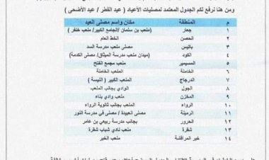 تعميم صادر عن مكتب الأوقاف والإرشاد في مديرية خنفر يحدد أماكن مصليات العبد في المديرية