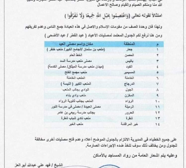 تعميم صادر عن مكتب الأوقاف والإرشاد في مديرية خنفر يحدد أماكن مصليات العبد في المديرية