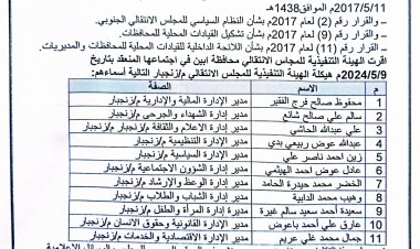 رئيس انتقالي أبين يصدر أمرا إدارياً بهيكلة الهيئة التنفيذية بانتقالي زنجبار ( اسماء )