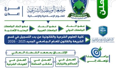 كلية العلوم الشرعية والقانونية بجامعة الوسطية فرع العاصمة عدن تفتتح باب التسجيل للعام الجامعي الجديد