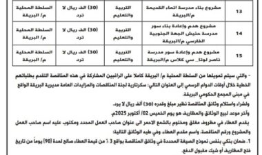 محلي البريقة يطرح 5 مناقصات عامة لمشاريع خدمية وتعليمية بتمويل ذاتي ضمن خطة 2025م