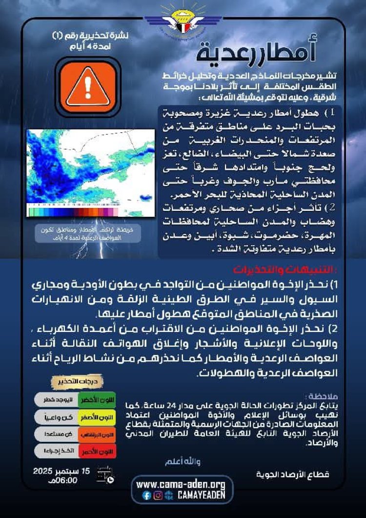 الأرصاد: تحذيرات من أمطار رعدية غزيرة على معظم المحافظات خلال 4 أيام