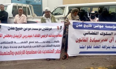 عمال وموظفو ميناء عدن ينفذون وقفة احتجاجية أمام محكمة الاستئناف بصيرة للمطالبة بحقوقهم في الأراضي التعويضية
